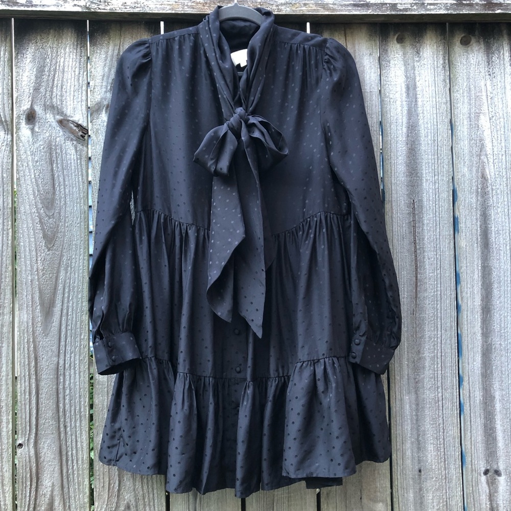 Sezane x Manoush Selena Silk Dress Size 38 Black Tie Neck Polka Dot Tiered - Picture 3 of 16